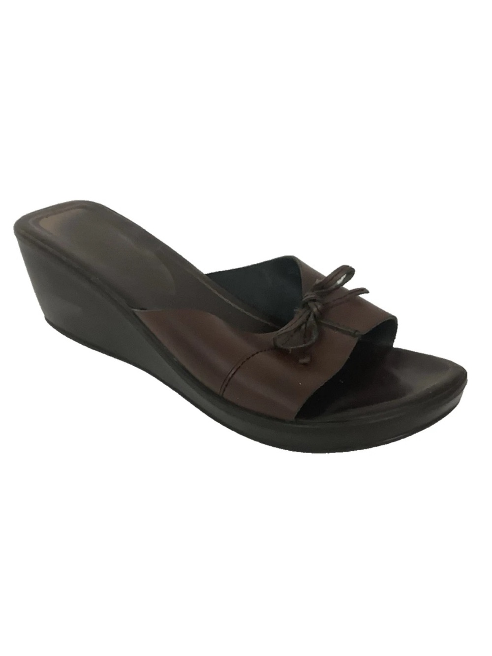 Montego Bay Club Sz 8.5 Leather Y2K Look Wedge Slide Sandals With Bow Brown
